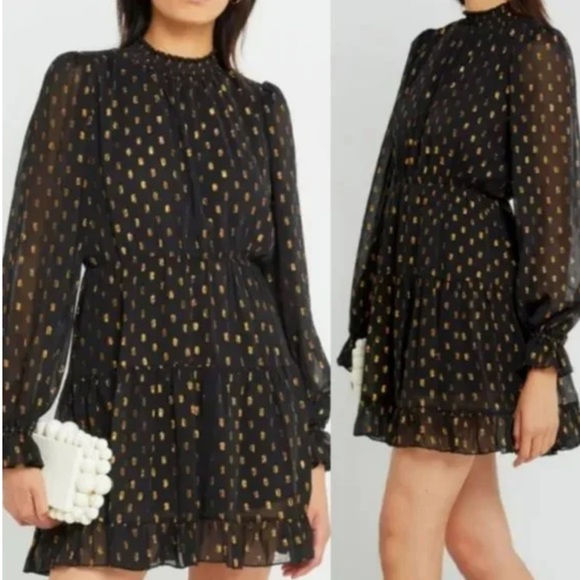 o.p.t Dresses & Skirts - O.p.t. Lluvia Long Sleeve Mini Dress Size S Black Gold Metallic Christmas Chic
